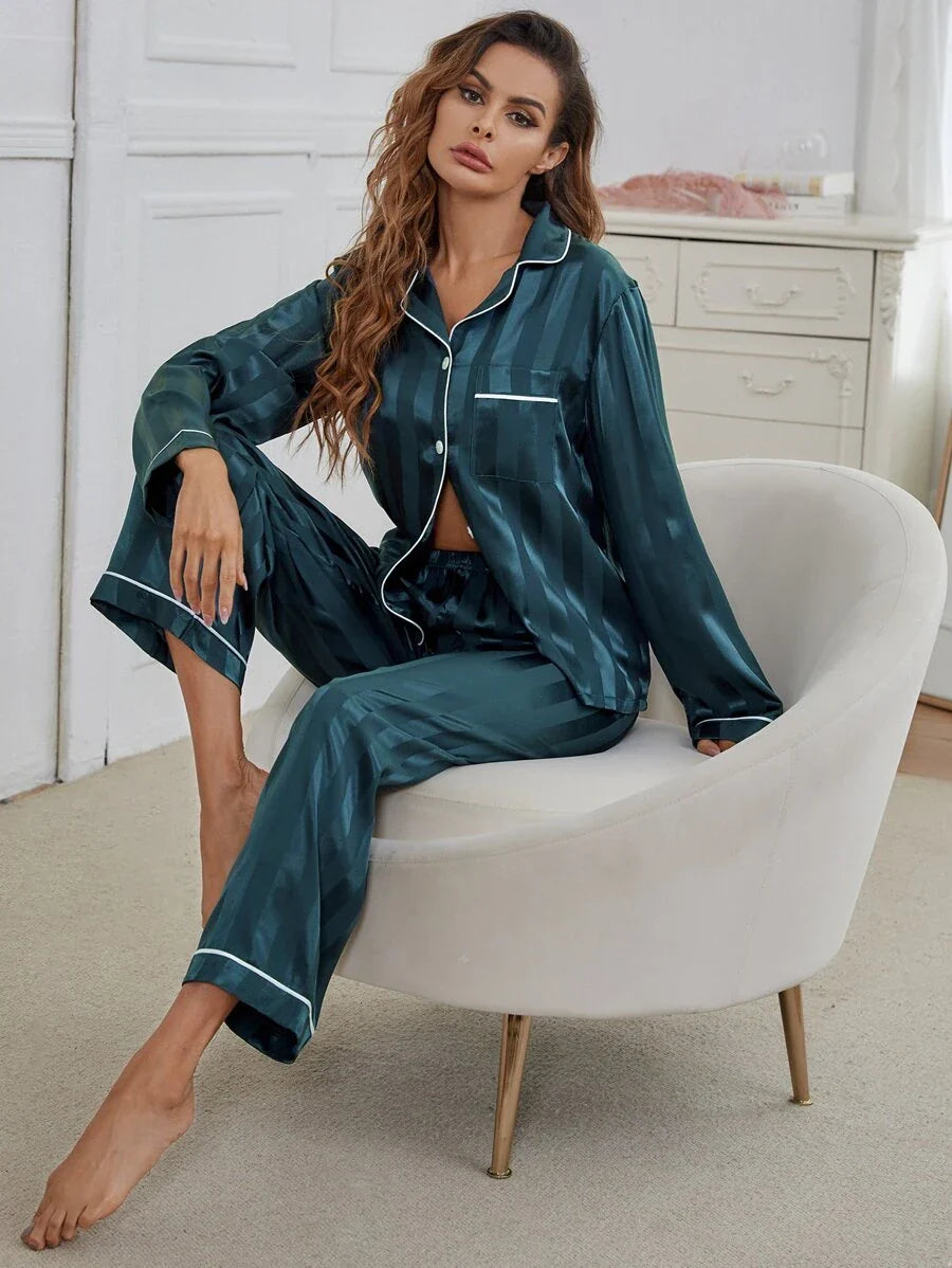 Satin Pajama Set With Contrast Stripe Print