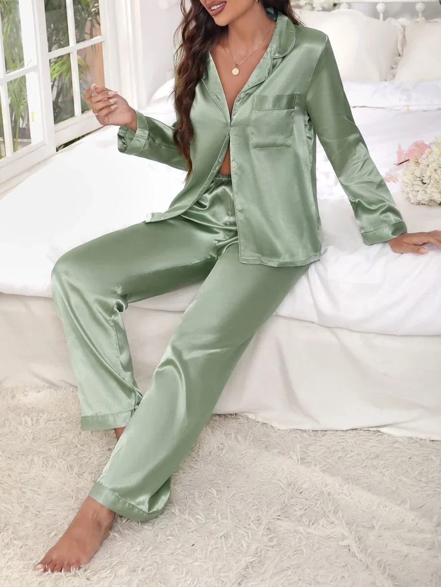 Solid Contrast Satin Pajama Set With Button Down Top