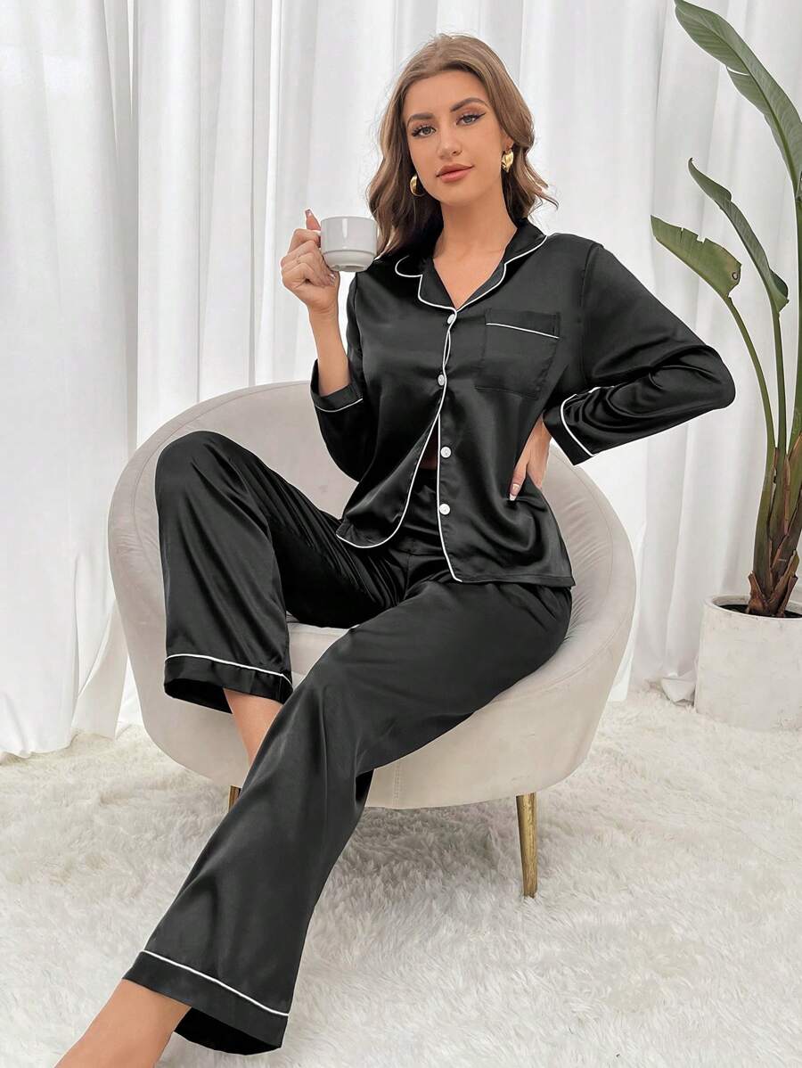 Solid Contrast Satin Pajama Set With Button Down Top