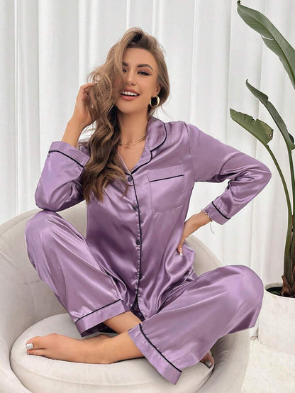 Solid Contrast Satin Pajama Set With Button Down Top