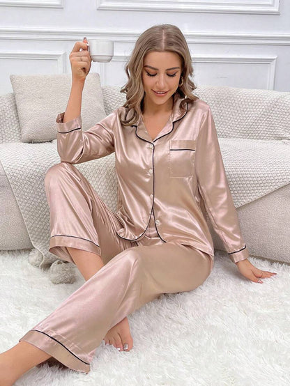 Solid Contrast Satin Pajama Set With Button Down Top