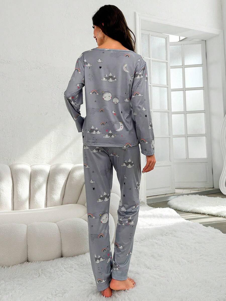 Moon And Rainbow Graphic Long Sleeve Pajama Set