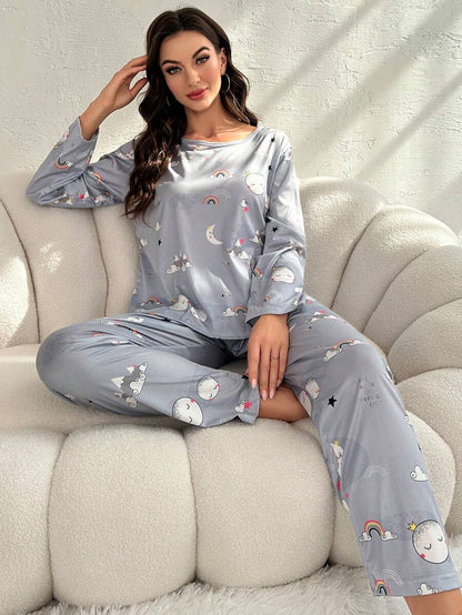 Moon And Rainbow Graphic Long Sleeve Pajama Set