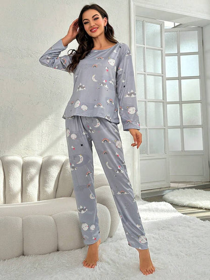 Moon And Rainbow Graphic Long Sleeve Pajama Set