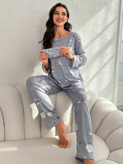 Moon And Rainbow Graphic Long Sleeve Pajama Set