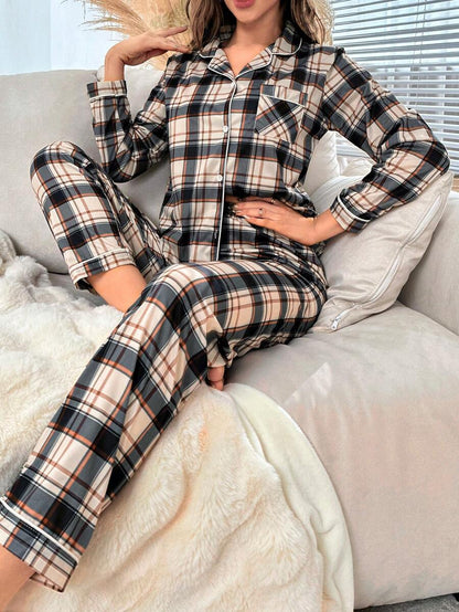 Plaid Print Pajama Set With Contrast Detailing