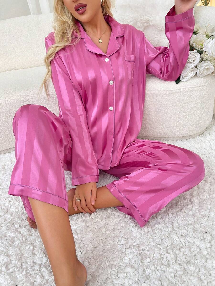 Satin Pajama Set With Contrast Stripe Print