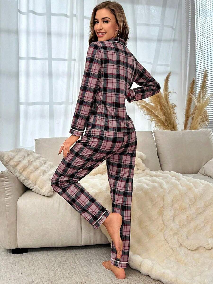 Plaid Print Pajama Set With Contrast Detailing