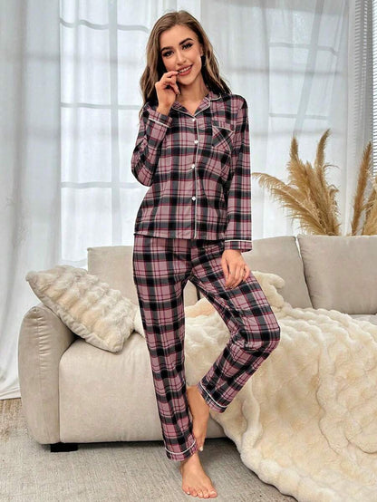 Plaid Print Pajama Set With Contrast Detailing