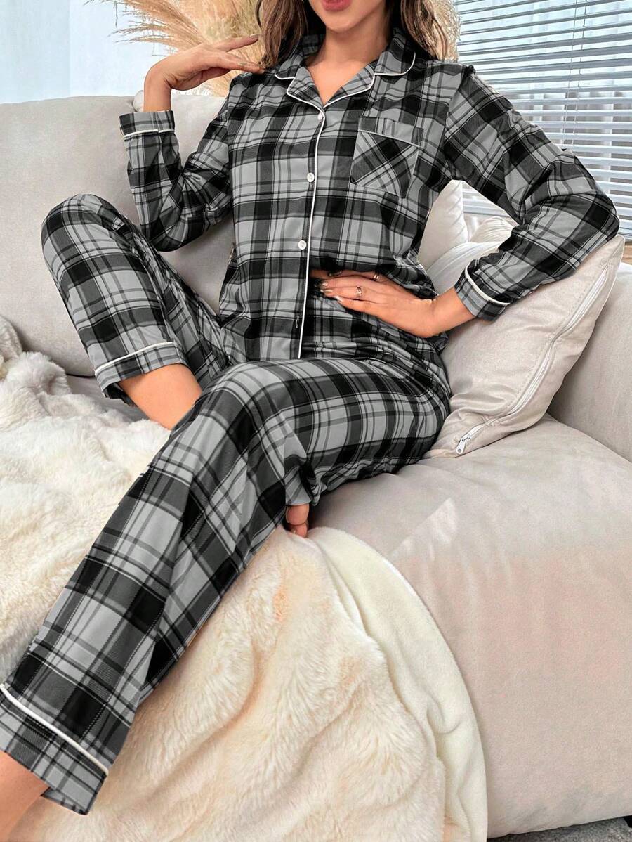 Plaid Print Pajama Set With Contrast Detailing