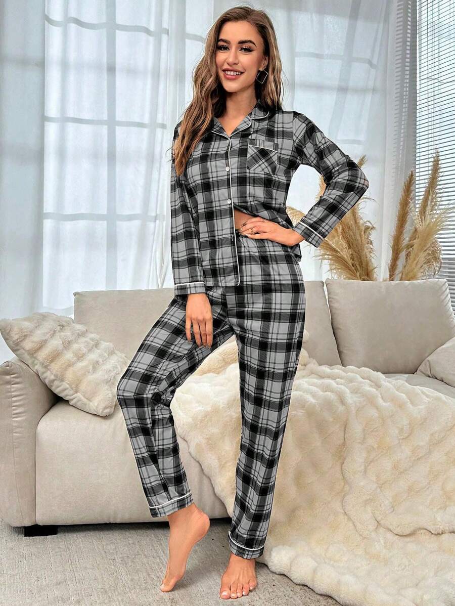 Plaid Print Pajama Set With Contrast Detailing