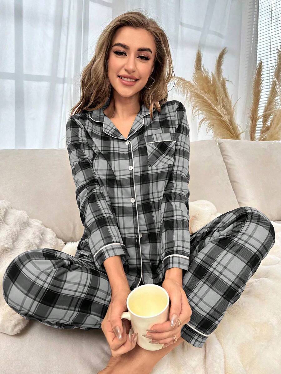 Plaid Print Pajama Set With Contrast Detailing