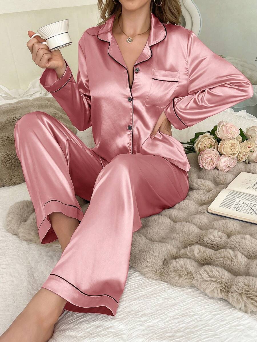 Solid Contrast Satin Pajama Set With Button Down Top