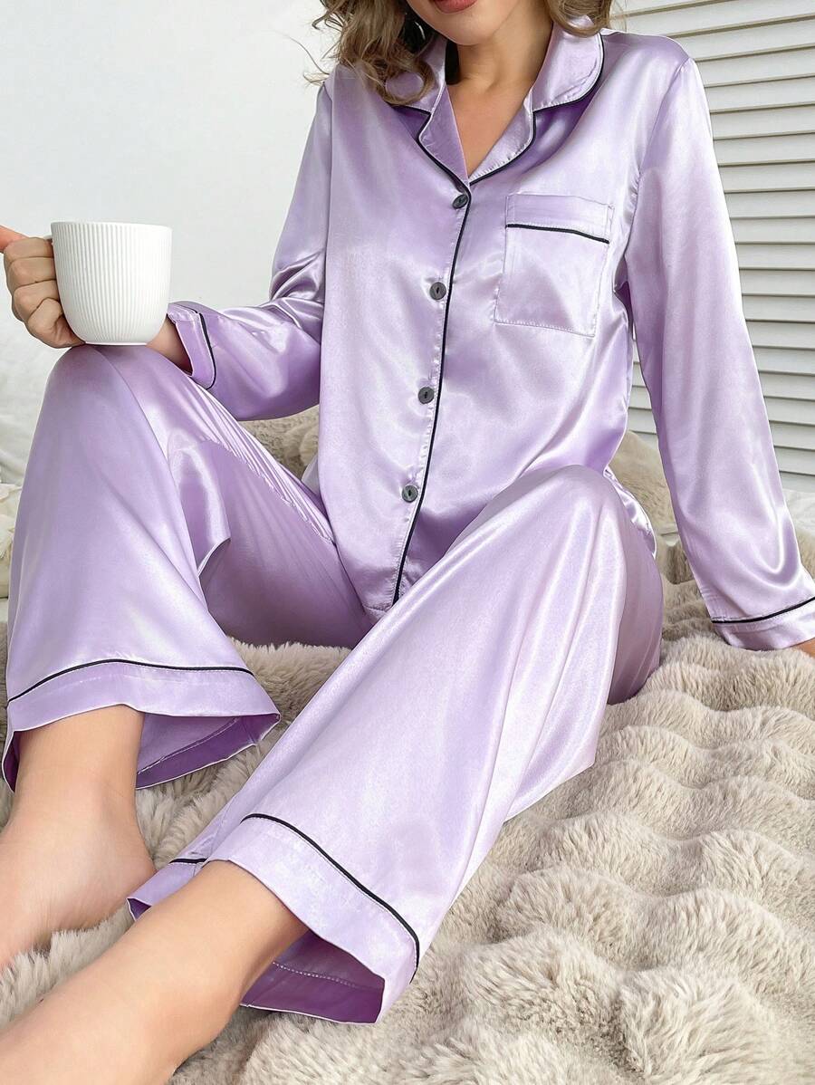 Solid Contrast Satin Pajama Set With Button Down Top