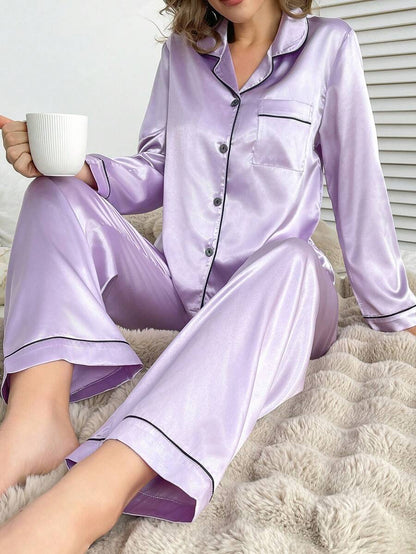 Solid Contrast Satin Pajama Set With Button Down Top