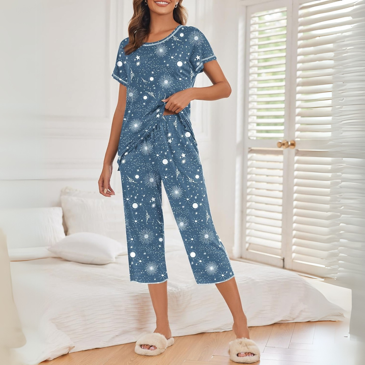 Printed Short Sleeve Capri Pajama Set