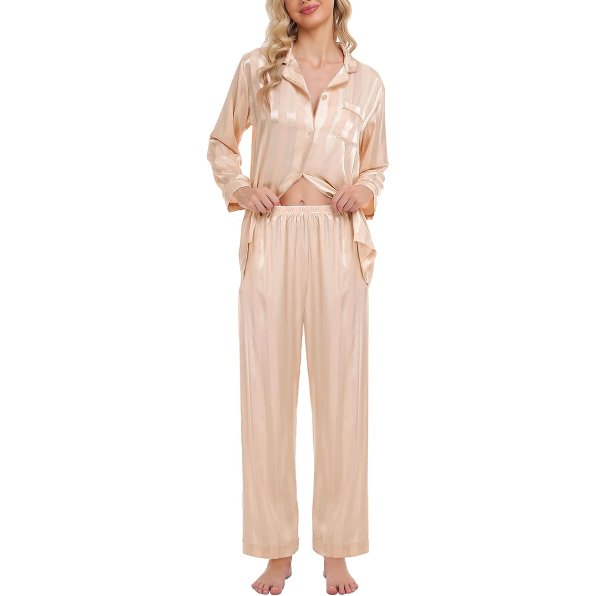 Striped Long Sleeve Satin Pajama Set