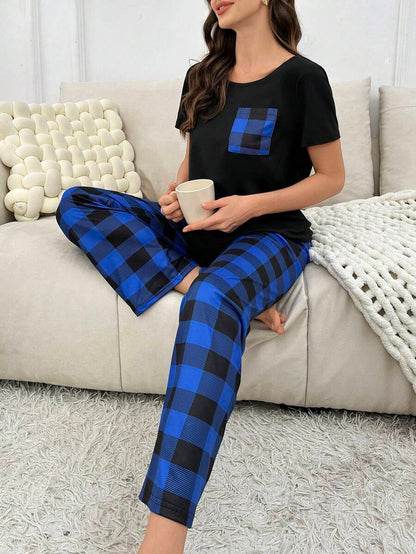 2 Pieces Plaid Pajama Set With Handy Pockets