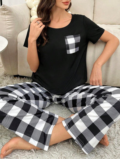 2 Pieces Plaid Pajama Set With Handy Pockets