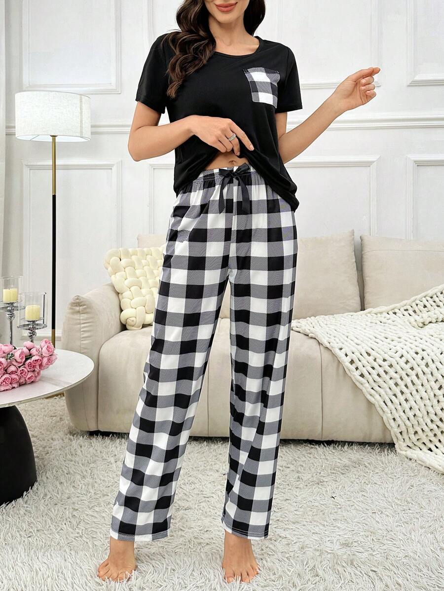 2 Pieces Plaid Pajama Set With Handy Pockets