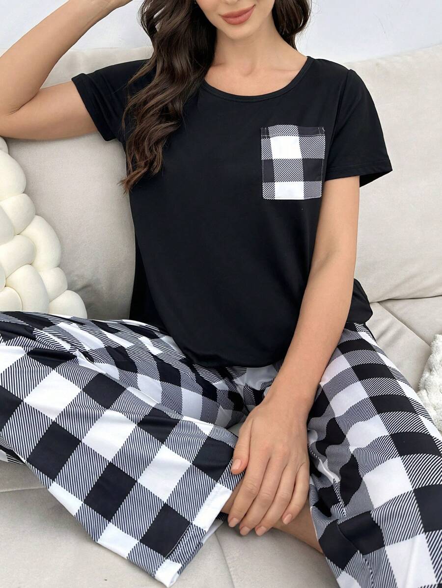 2 Pieces Plaid Pajama Set With Handy Pockets