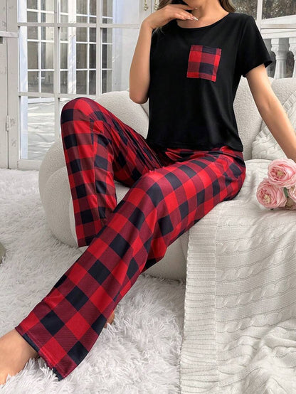 2 Pieces Plaid Pajama Set With Handy Pockets