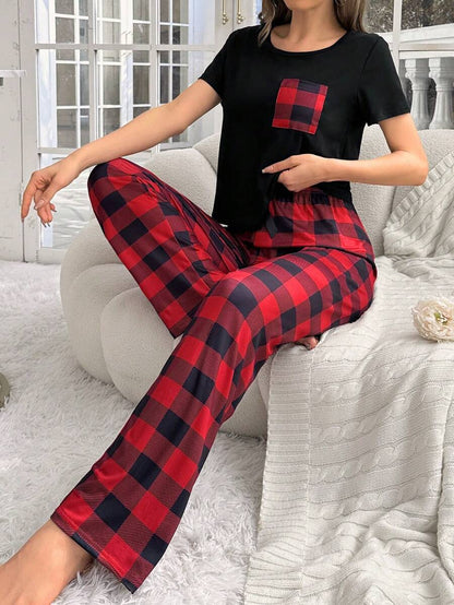 2 Pieces Plaid Pajama Set With Handy Pockets