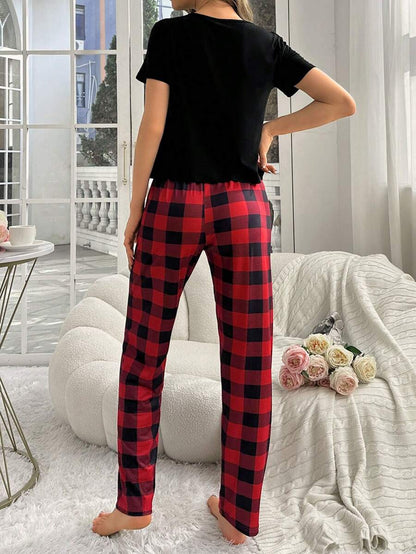 2 Pieces Plaid Pajama Set With Handy Pockets