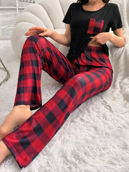 2 Pieces Plaid Pajama Set With Handy Pockets