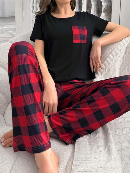 2 Pieces Plaid Pajama Set With Handy Pockets