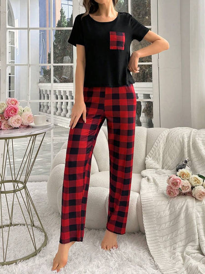 2 Pieces Plaid Pajama Set With Handy Pockets