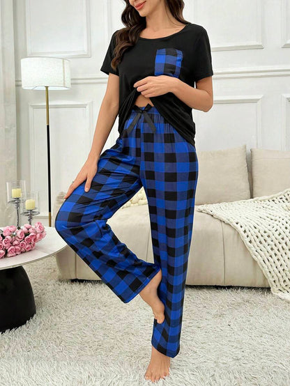 2 Pieces Plaid Pajama Set With Handy Pockets