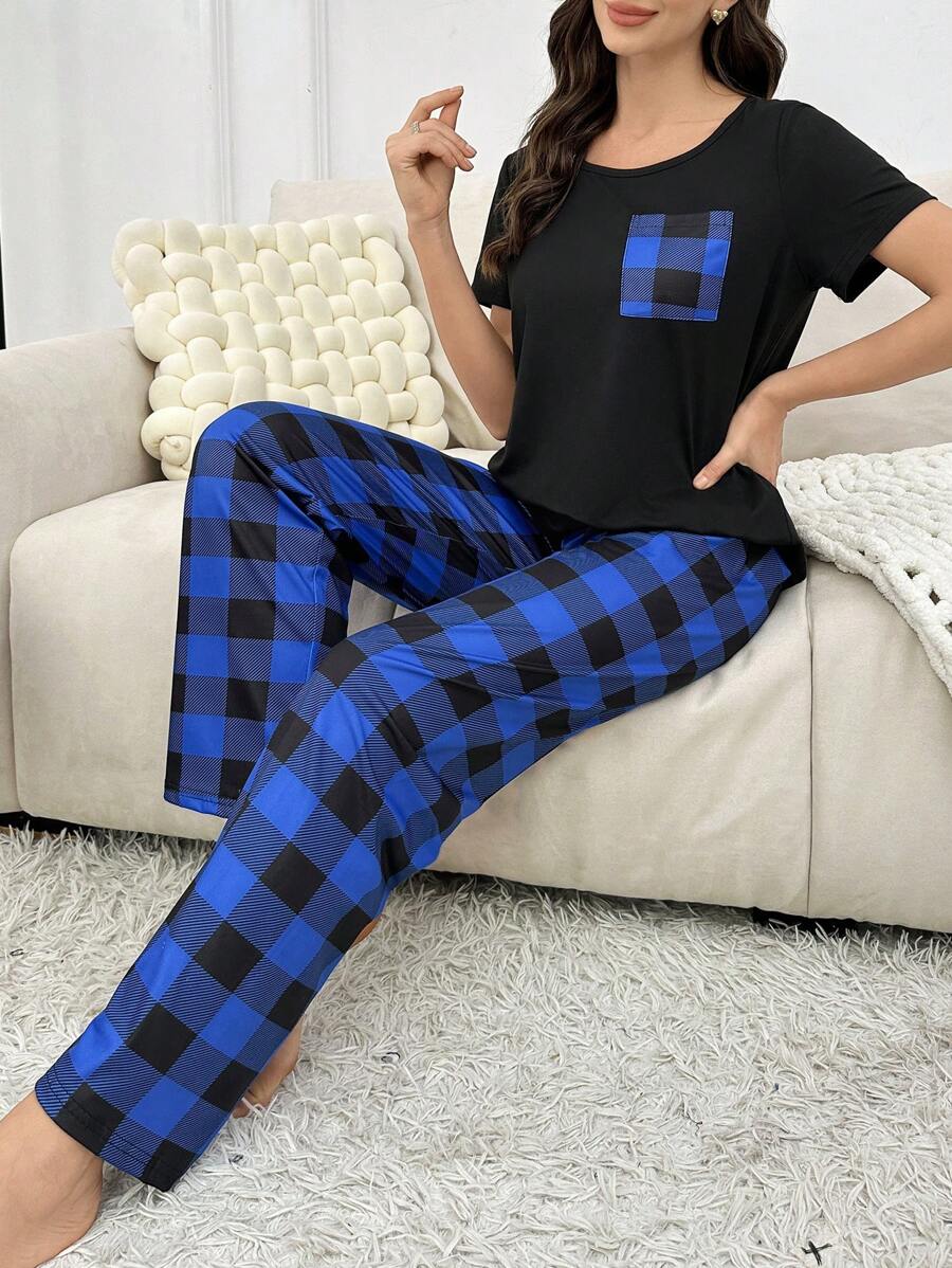 2 Pieces Plaid Pajama Set With Handy Pockets