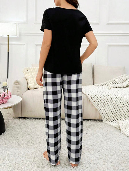 2 Pieces Plaid Pajama Set With Handy Pockets