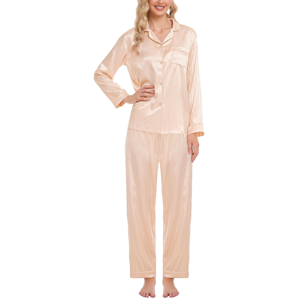 Striped Long Sleeve Satin Pajama Set