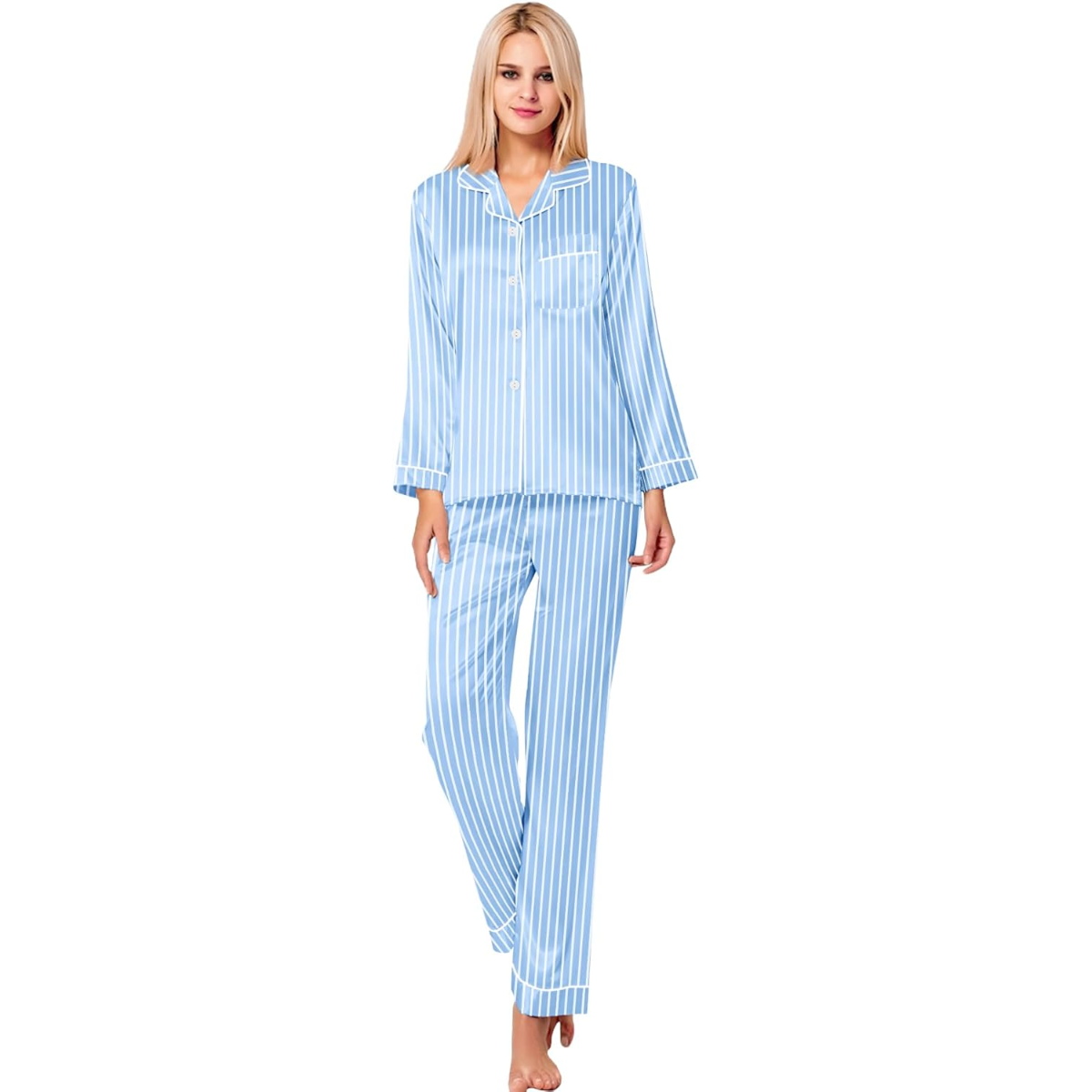 Long Sleeve Striped Satin Button Down Pajama Set