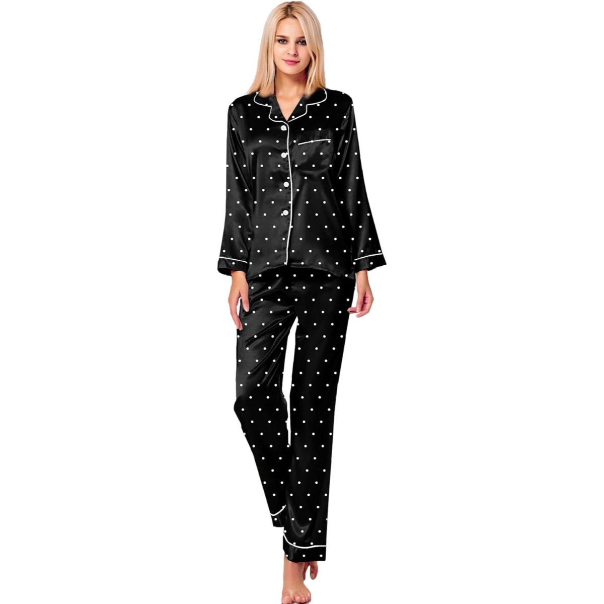 Polka Dot Satin Pajama Set With Button Down Top