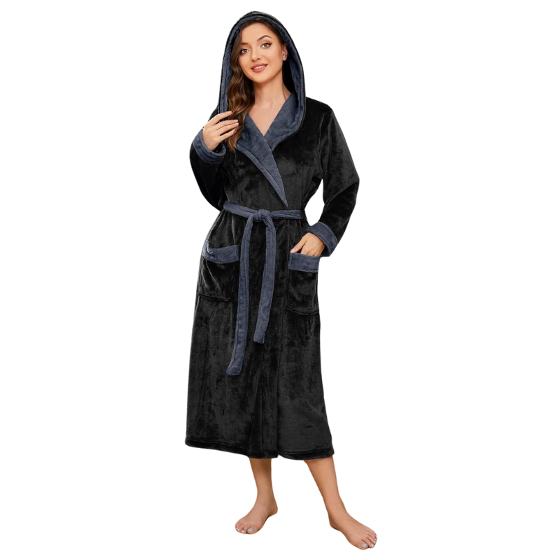 Dual Tone Hooded Long Fleece Bathrobe