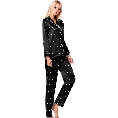 Polka Dot Satin Pajama Set With Button Down Top