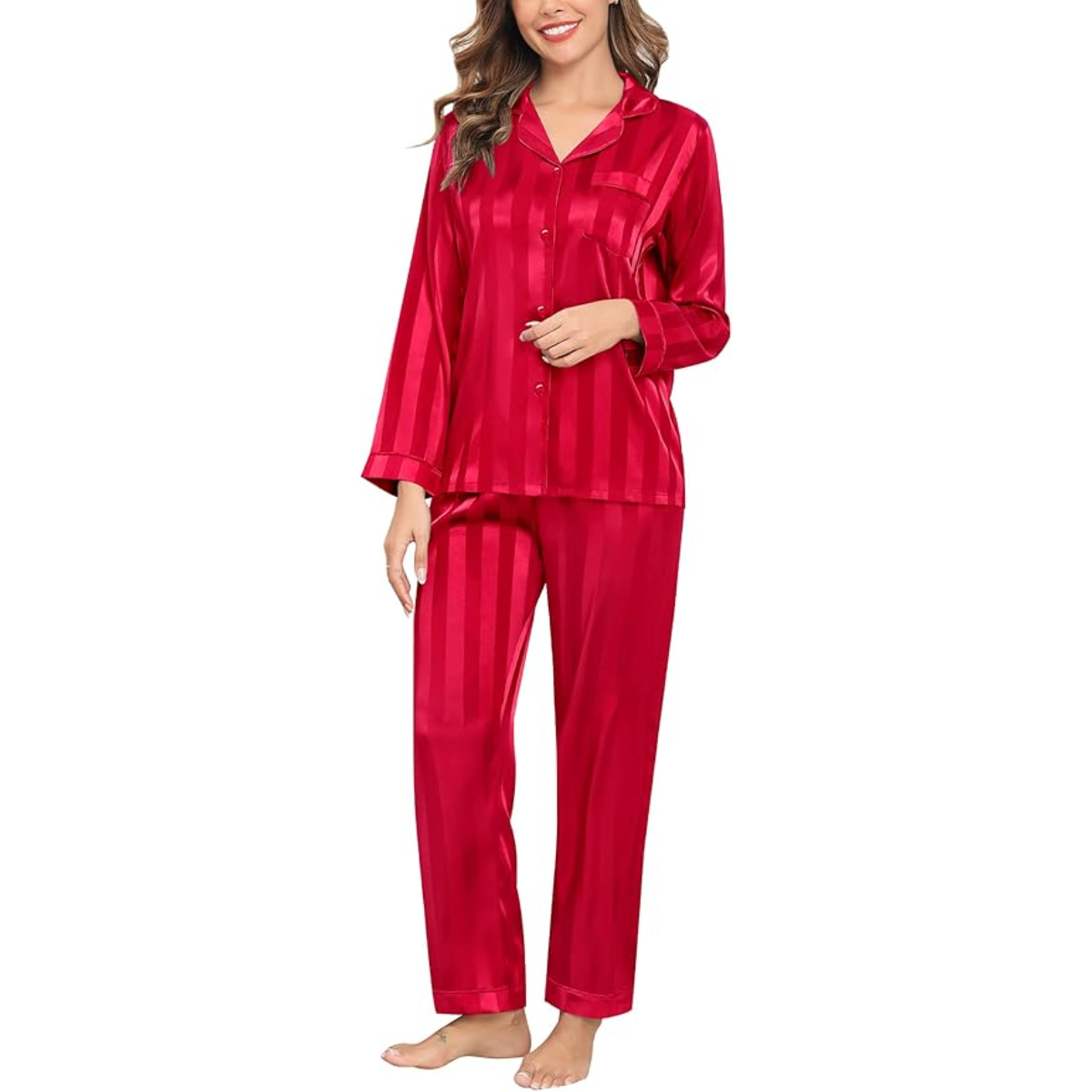 Striped Long Sleeve Satin Pajama Set