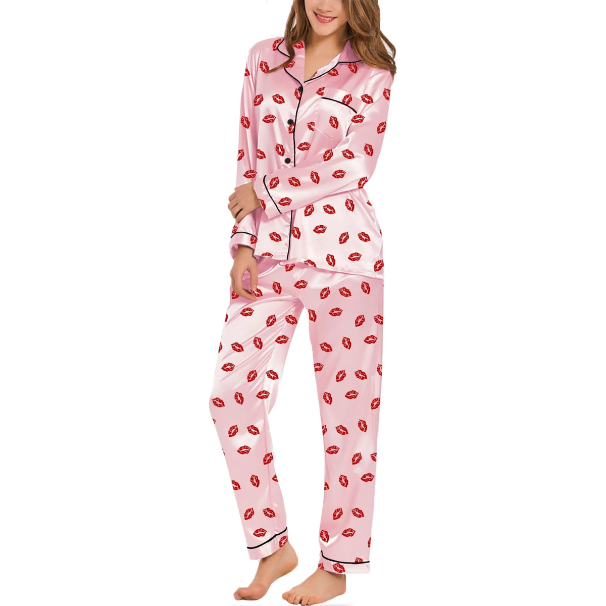 Long Sleeve Satin Pajama Set With Printed Design