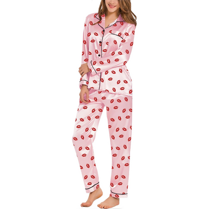 Long Sleeve Satin Pajama Set With Printed Design