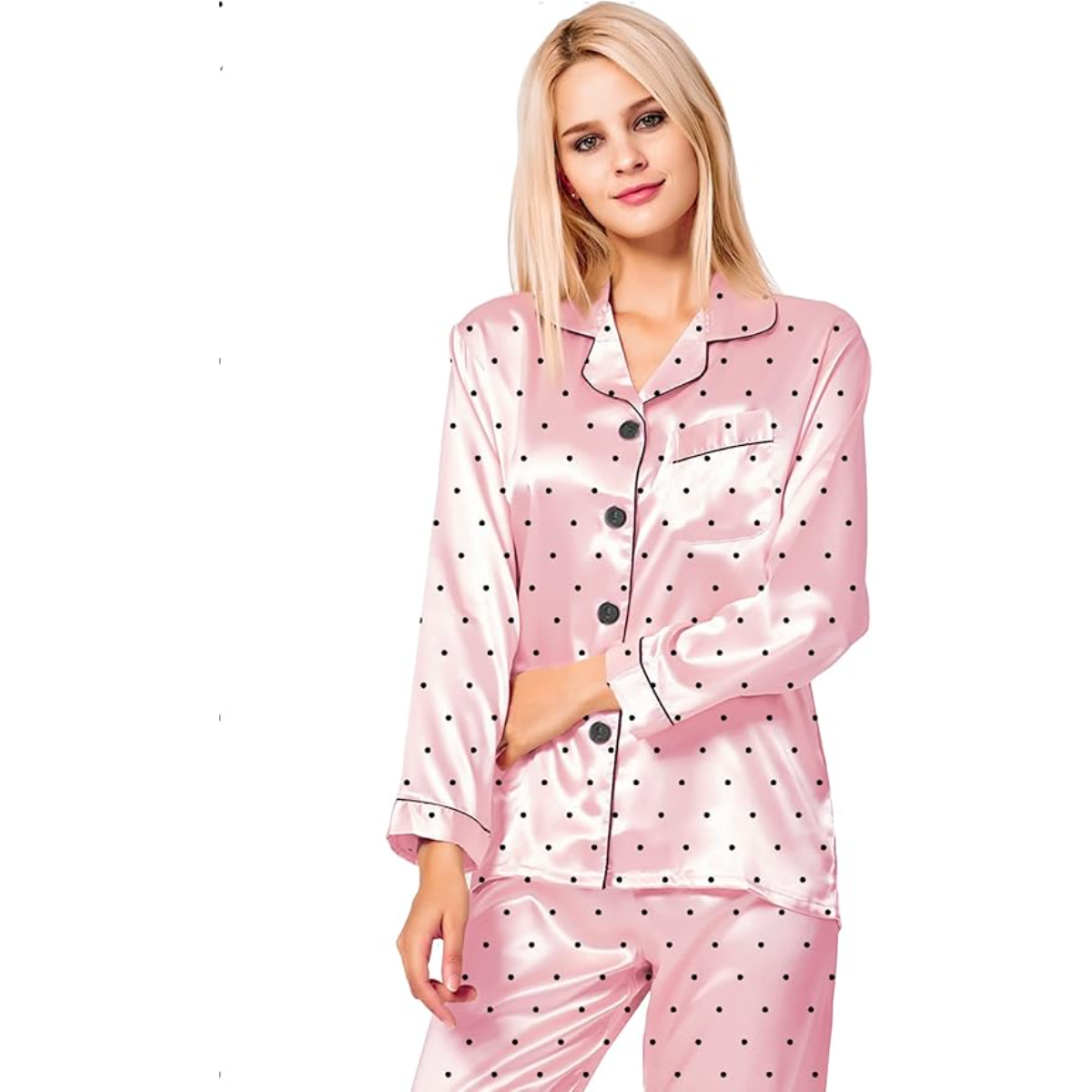 Polka Dot Satin Pajama Set With Button Down Top