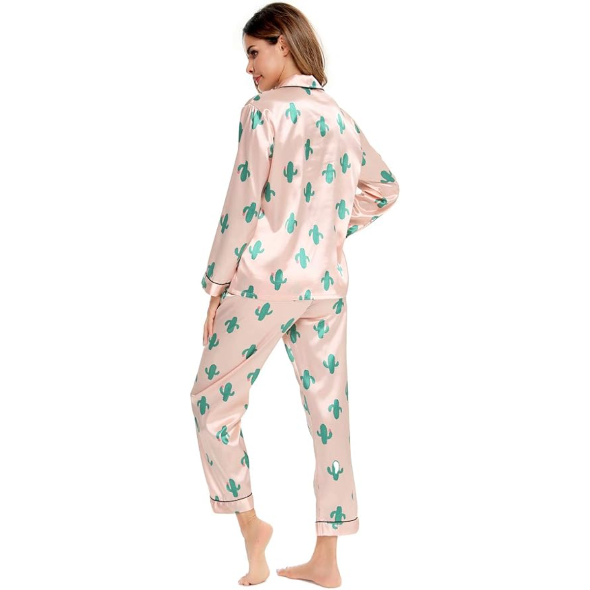 Long Sleeve Satin Printed Button Down Pajama Set