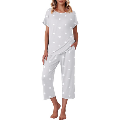 Star Printed Short Sleeve Capri Pajama Set