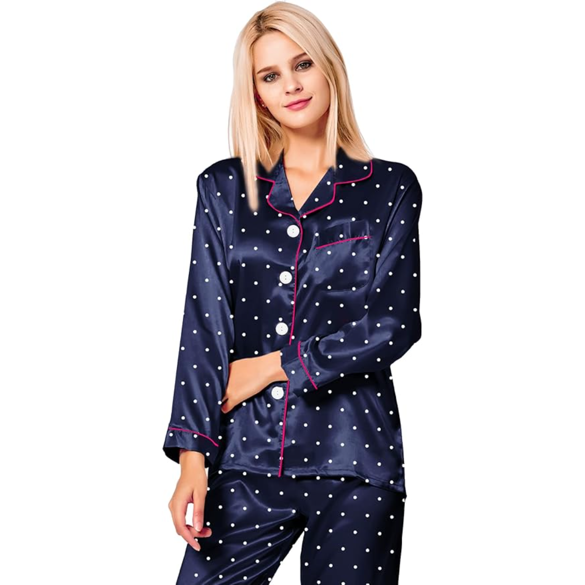 Polka Dot Satin Pajama Set With Button Down Top