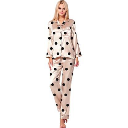 Polka Dot Satin Pajama Set With Button Down Top