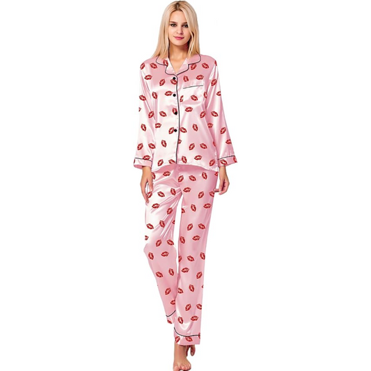 Long Sleeve Satin Pajama Set With Printed Design