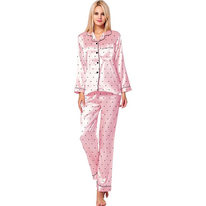 Polka Dot Satin Pajama Set With Button Down Top