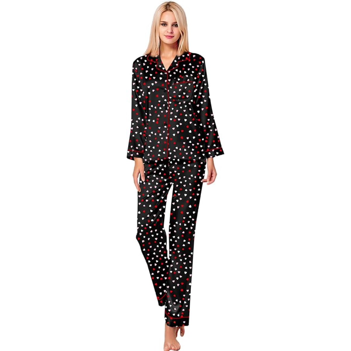 Long Sleeve Satin Printed Button Down Pajama Set